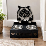 Personalized holy burma cat metal cat bowl stand with custom name cutout and two removable feeding bowls