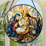 Holy family nativity scene stained glass suncatcher window hanging, suitable for home and garden decoration
