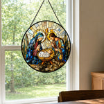 Holy family nativity scene stained glass suncatcher window hanging, suitable for home and garden decoration