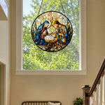 Holy family nativity scene stained glass suncatcher window hanging, suitable for home and garden decoration