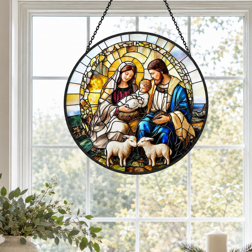 Holy family with lambs stained glass suncatcher window hanging, suitable for home and garden decoration