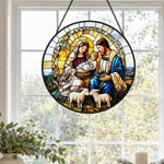 Holy family with lambs stained glass suncatcher window hanging, suitable for home and garden decoration
