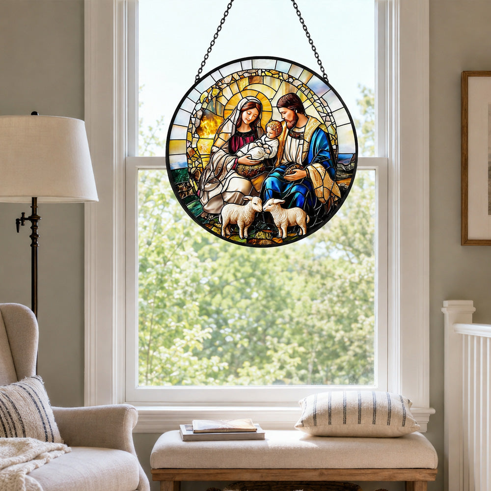 Holy family with lambs stained glass suncatcher window hanging, suitable for home and garden decoration
