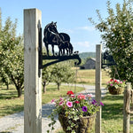 Horse family metal hanging basket bracket mounted on outdoor wall for plant decoration