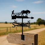 Horse with plow metal weather vane with directional arrows and mounting rod, outdoor roof and garden decoration
