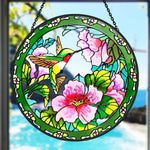 Hummingbird feeding on pink blossoms stained glass suncatcher window hanging, suitable for home and garden decoration