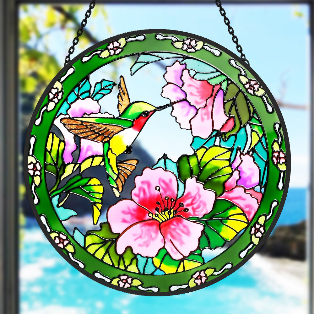 Hummingbird feeding on pink blossoms stained glass suncatcher window hanging, suitable for home and garden decoration