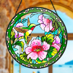 Hummingbird feeding on pink blossoms stained glass suncatcher window hanging, suitable for home and garden decoration
