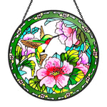 Hummingbird feeding on pink blossoms stained glass suncatcher window hanging, suitable for home and garden decoration