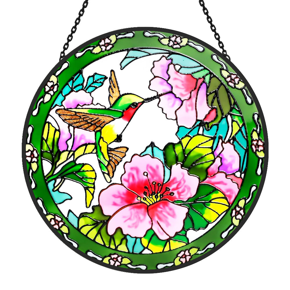 Hummingbird feeding on pink blossoms stained glass suncatcher window hanging, suitable for home and garden decoration