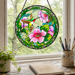 Hummingbird feeding on pink blossoms stained glass suncatcher window hanging, suitable for home and garden decoration