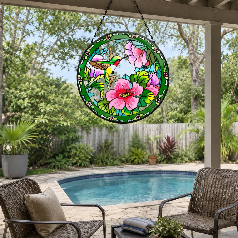 Hummingbird feeding on pink blossoms stained glass suncatcher window hanging, suitable for home and garden decoration