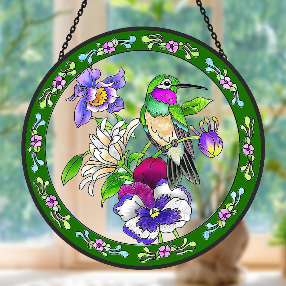 Hummingbird in bloom stained glass suncatcher window hanging, suitable for home and garden decoration