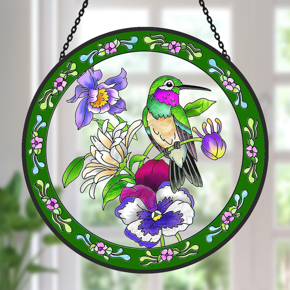 Hummingbird in bloom stained glass suncatcher window hanging, suitable for home and garden decoration