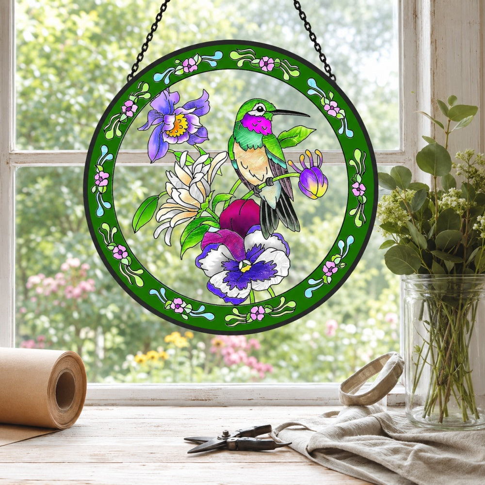 Hummingbird in bloom stained glass suncatcher window hanging, suitable for home and garden decoration