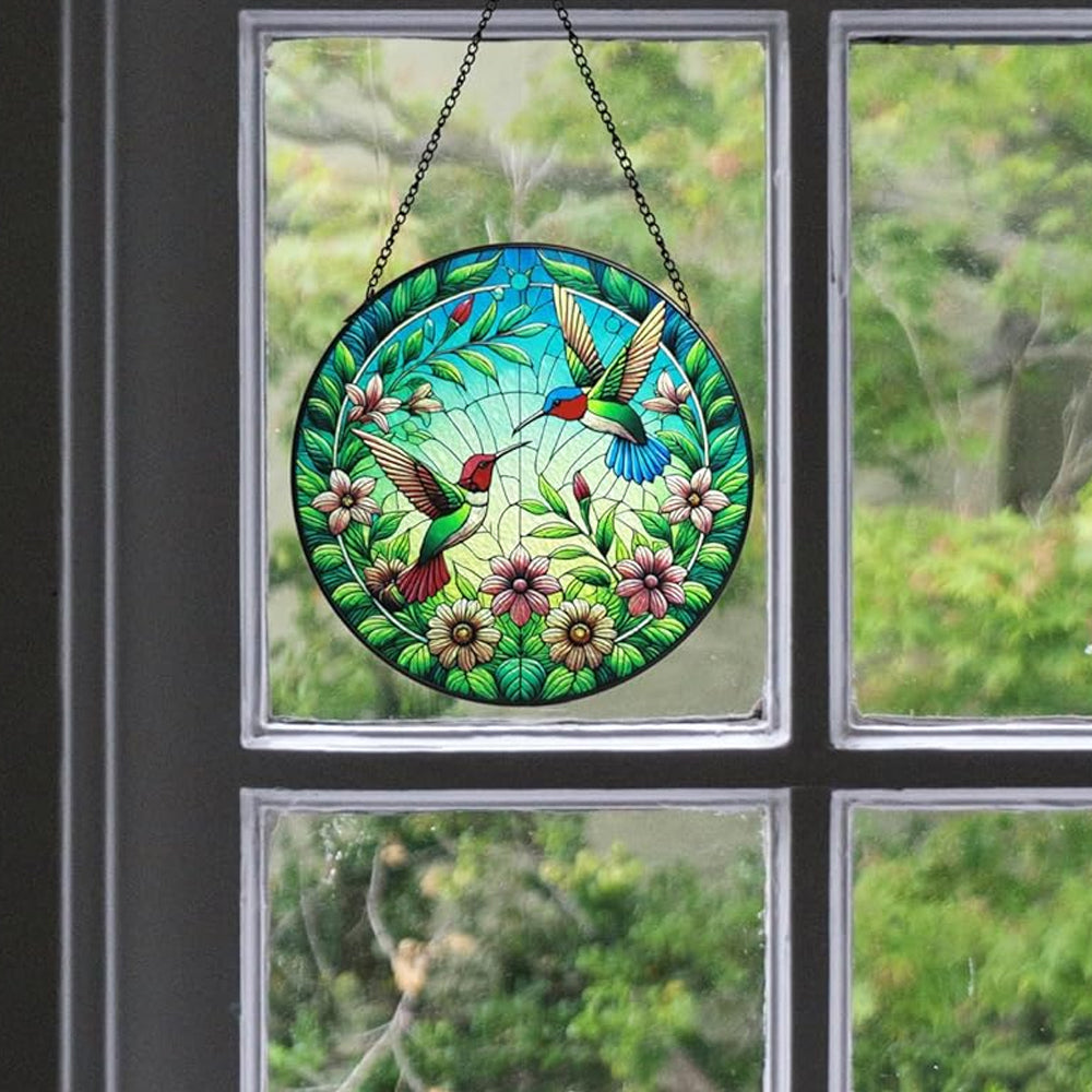 Hummingbird pair in bloom stained glass suncatcher window hanging, suitable for home and garden decoration