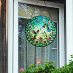 Hummingbird pair in bloom stained glass suncatcher window hanging, suitable for home and garden decoration