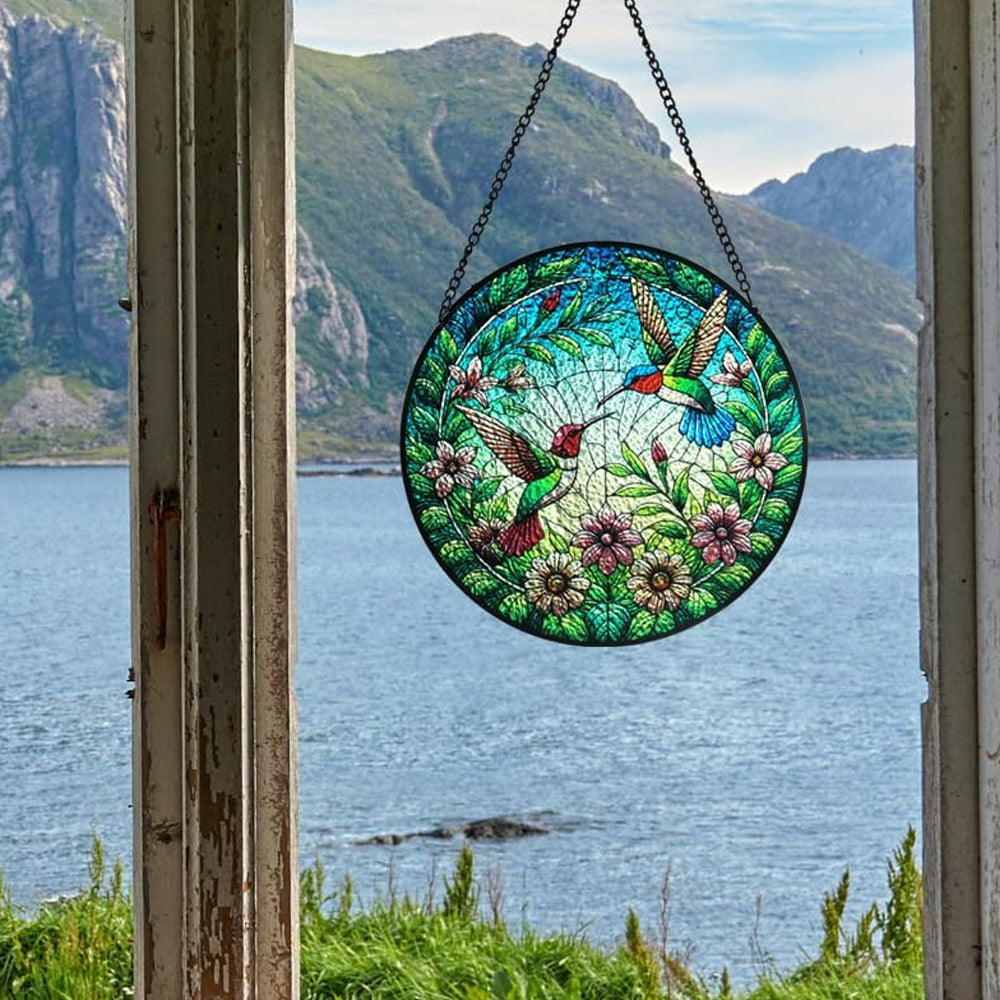 Hummingbird pair in bloom stained glass suncatcher window hanging, suitable for home and garden decoration