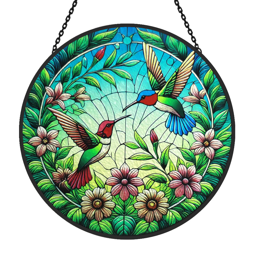 Hummingbird pair in bloom stained glass suncatcher window hanging, suitable for home and garden decoration
