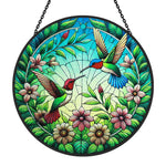 Hummingbird pair in bloom stained glass suncatcher window hanging, suitable for home and garden decoration