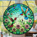 Hummingbird pair in bloom stained glass suncatcher window hanging, suitable for home and garden decoration