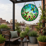 Hummingbird pair in bloom stained glass suncatcher window hanging, suitable for home and garden decoration