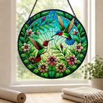 Hummingbird pair in bloom stained glass suncatcher window hanging, suitable for home and garden decoration