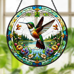 Hummingbird spring lake floral stained glass suncatcher window hanging, suitable for home and garden decoration