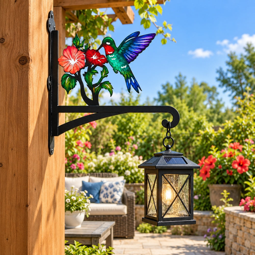 Hummingbird with morning glory metal hanging basket bracket mounted on outdoor wall for plant decoration