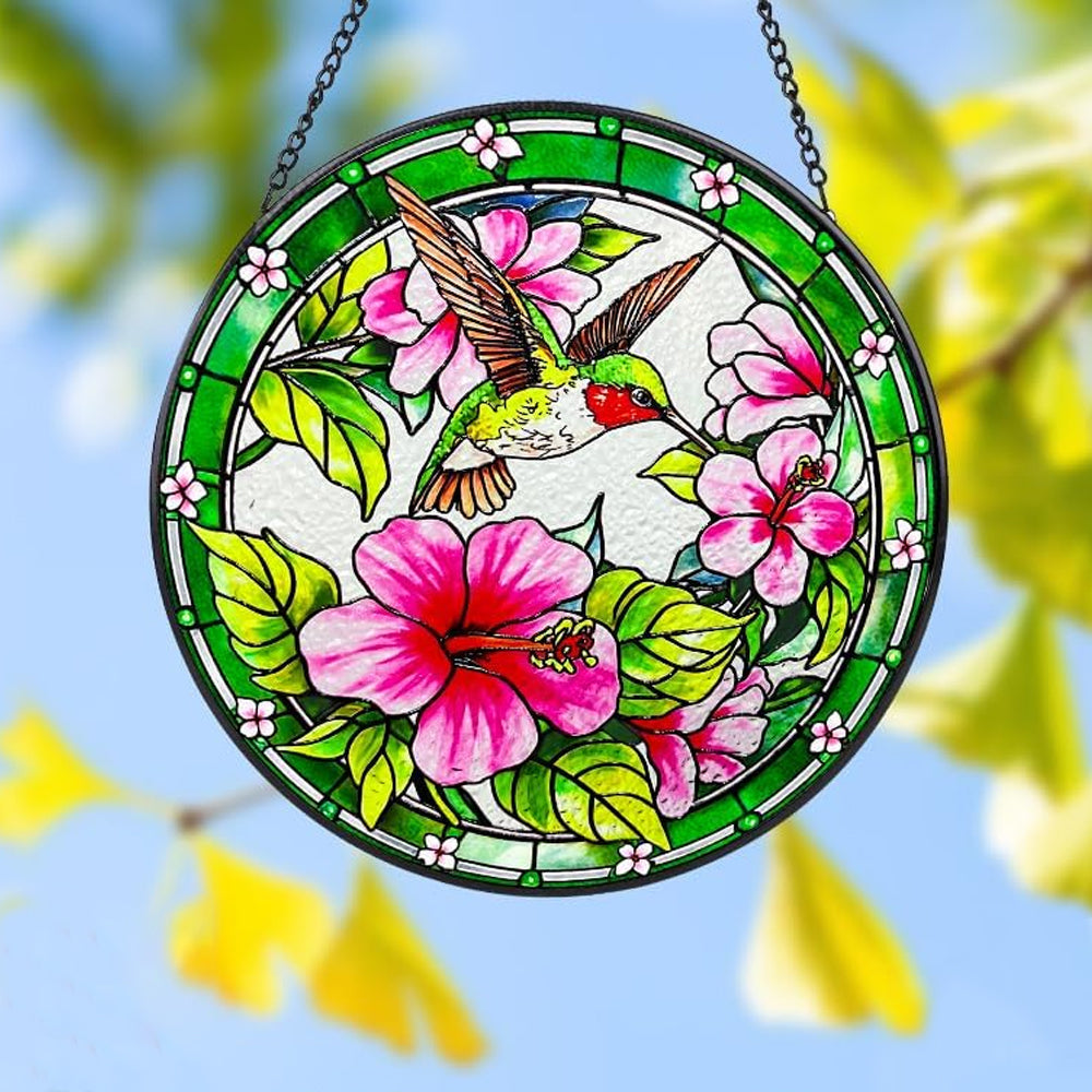 Hummingbird with pink hibiscus stained glass suncatcher window hanging, suitable for home and garden decoration