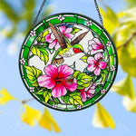 Hummingbird with pink hibiscus stained glass suncatcher window hanging, suitable for home and garden decoration