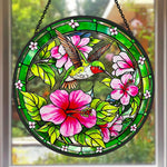 Hummingbird with pink hibiscus stained glass suncatcher window hanging, suitable for home and garden decoration