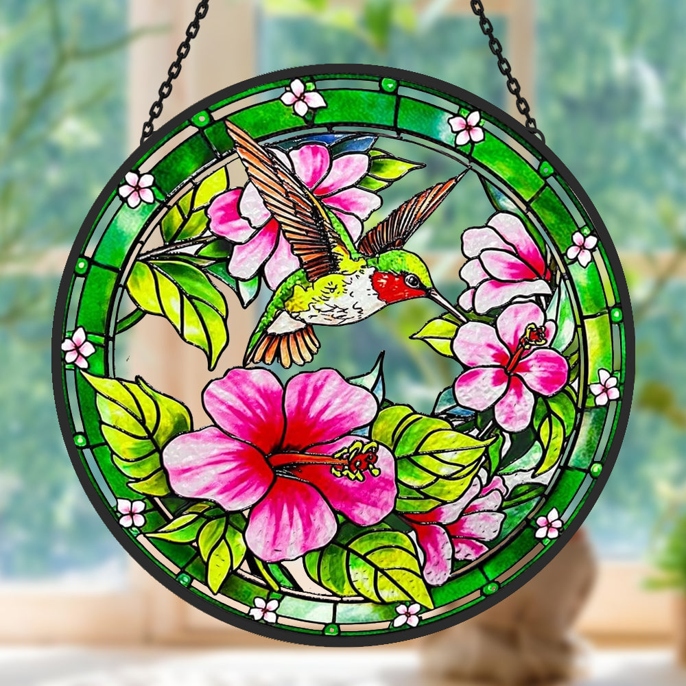 Hummingbird with pink hibiscus stained glass suncatcher window hanging, suitable for home and garden decoration