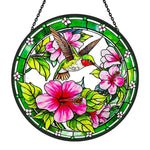 Hummingbird with pink hibiscus stained glass suncatcher window hanging, suitable for home and garden decoration