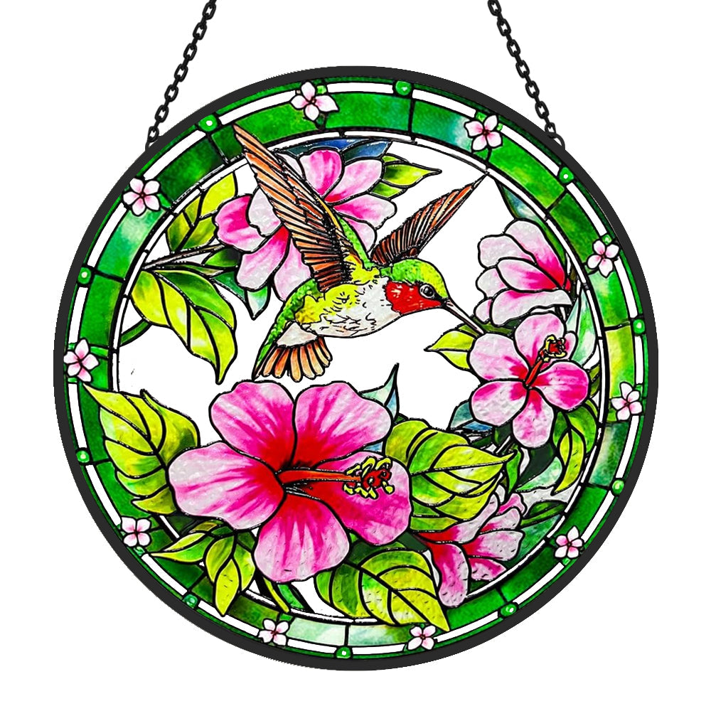 Hummingbird with pink hibiscus stained glass suncatcher window hanging, suitable for home and garden decoration