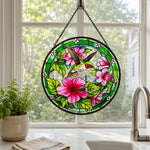 Hummingbird with pink hibiscus stained glass suncatcher window hanging, suitable for home and garden decoration