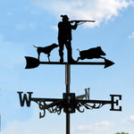 Hunter and wild boar metal weather vane with directional arrows and mounting rod, outdoor roof and garden decoration