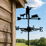Hunter and wild boar metal weather vane with directional arrows and mounting rod, outdoor roof and garden decoration