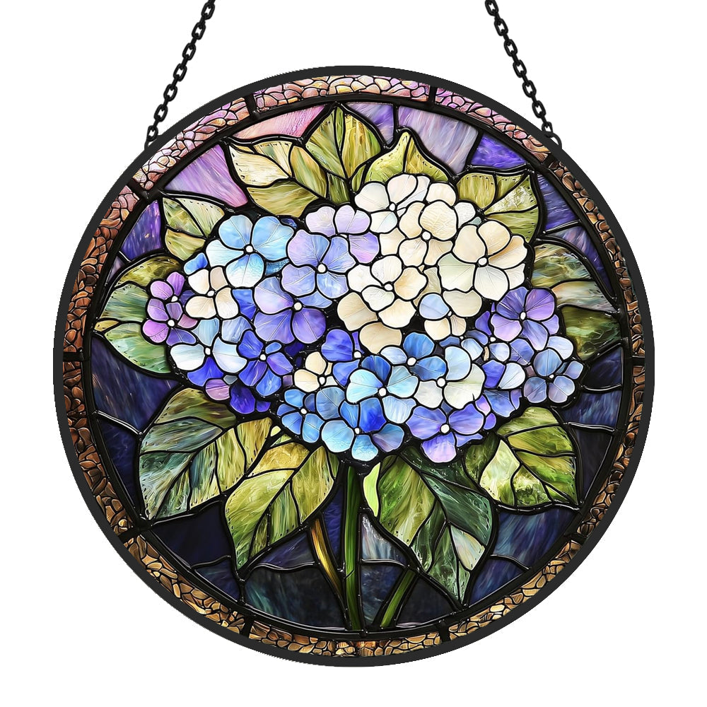Hydrangea floral art stained glass suncatcher window hanging, suitable for home and garden decoration