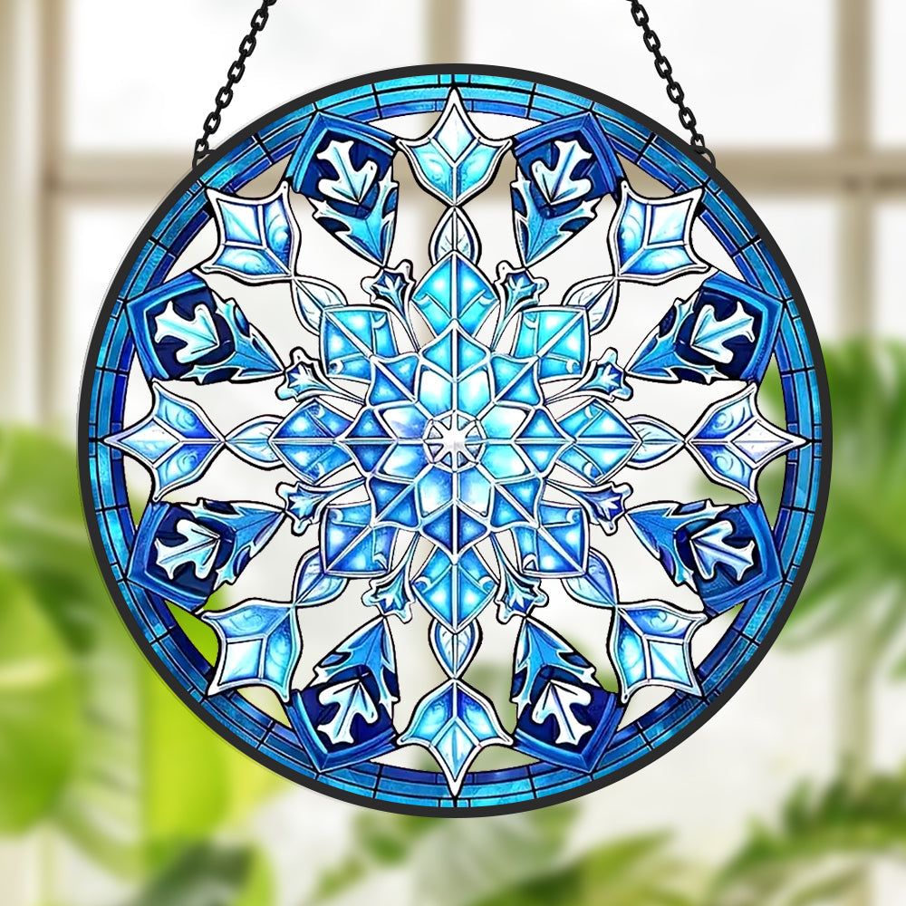 Ice blue snowflake stained glass suncatcher window hanging, suitable for home and garden decoration