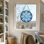 Ice blue snowflake stained glass suncatcher window hanging, suitable for home and garden decoration