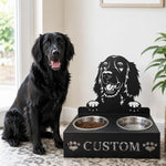 Personalized irish setter metal dog bowl stand with custom name cutout and two removable feeding bowls