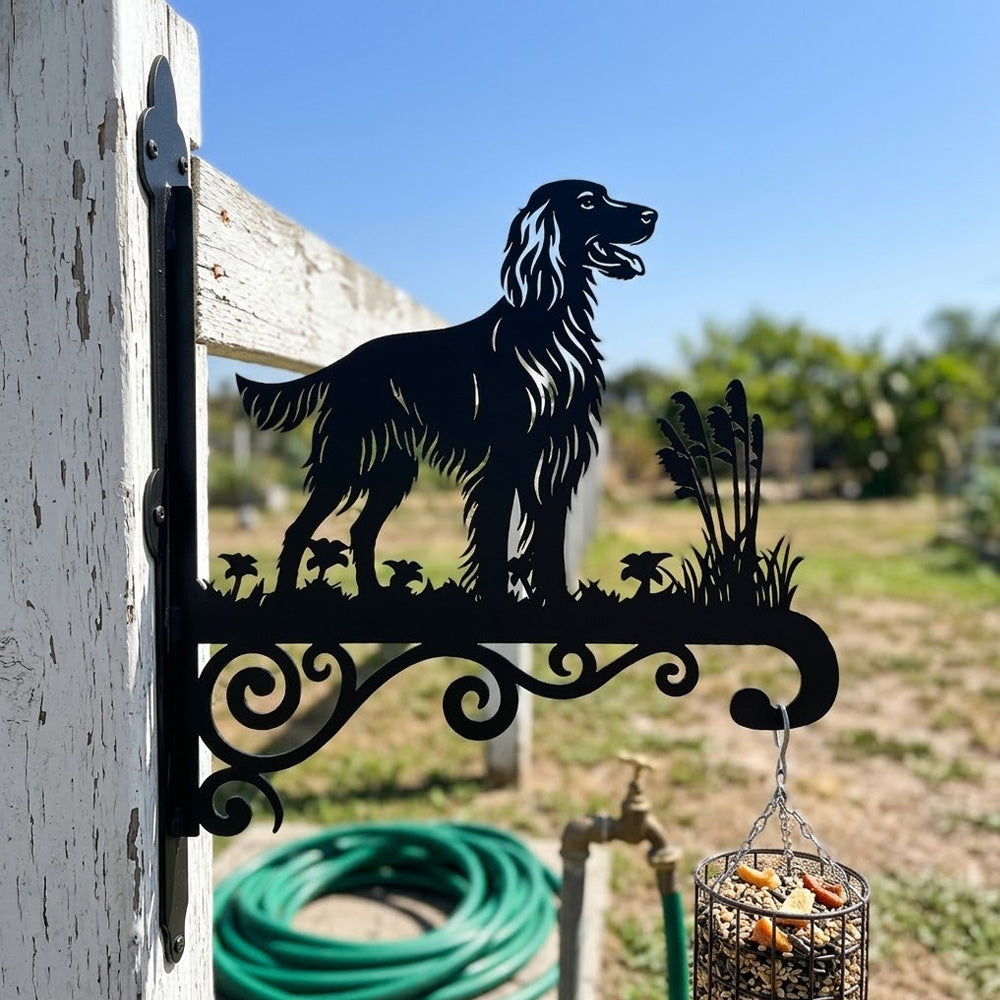 Irish setter metal hanging basket bracket mounted on outdoor wall for plant decoration
