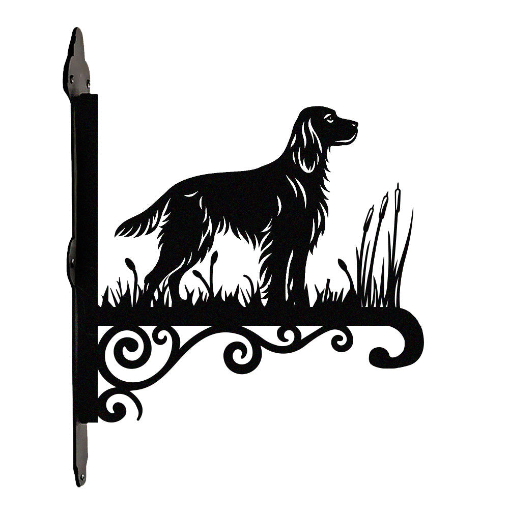 Irish setter metal hanging basket bracket mounted on outdoor wall for plant decoration