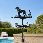 Irish Wolfhound metal weather vane with directional arrows and mounting rod, outdoor roof and garden decoration
