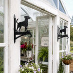 Jack russell terrier metal hanging basket bracket mounted on outdoor wall for plant decoration