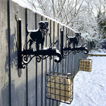 Jack russell terrier metal hanging basket bracket mounted on outdoor wall for plant decoration