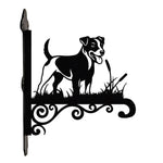 Jack russell terrier metal hanging basket bracket mounted on outdoor wall for plant decoration