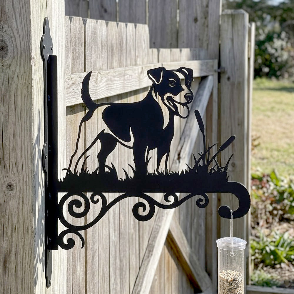 Jack russell terrier metal hanging basket bracket mounted on outdoor wall for plant decoration