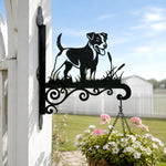 Jack russell terrier metal hanging basket bracket mounted on outdoor wall for plant decoration